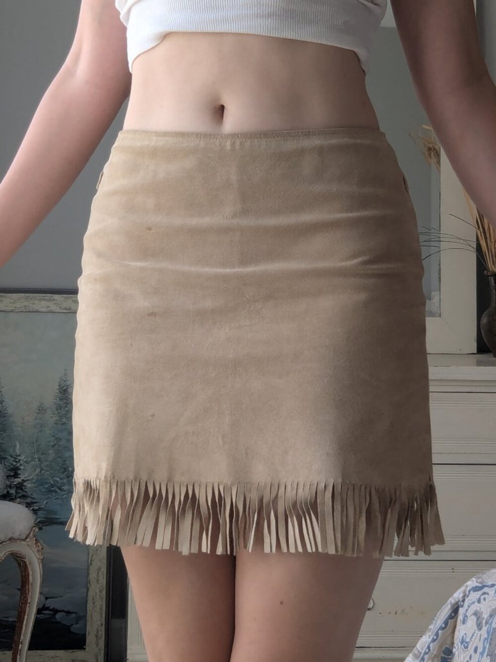 Ralph Lauren Size 4 100% Leather Fringed Zip Up Tan Cowgirl Western Mini Skirt